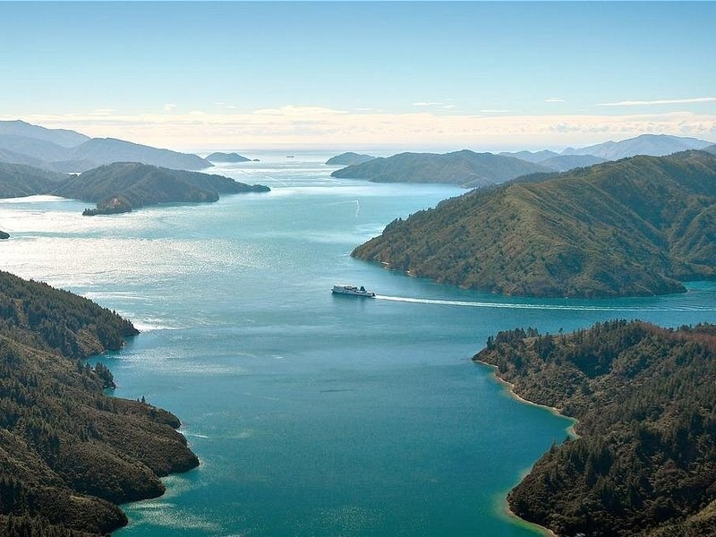 A long arm of sea between forested headlands, a boat's wake down the middle